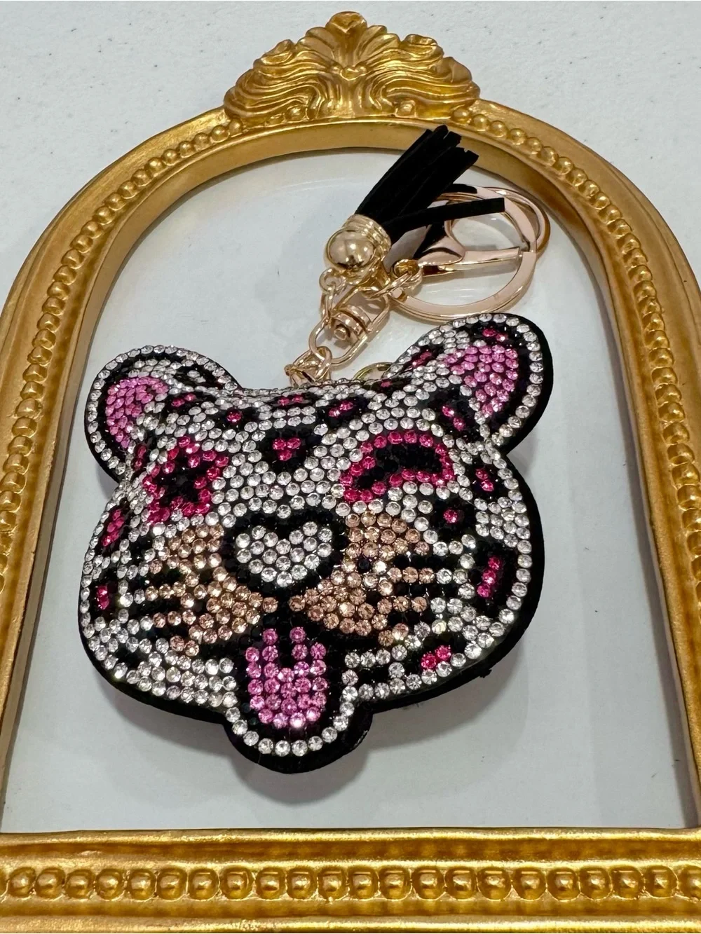 New White Crystal Leopard Face Keychain
